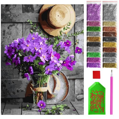 ARTULIO Diamond Painting Set – Vase mit lila Blumen - 30x40 cm – 5D Diamant Painting Bilder DIY, Diamond Painting Erwachsene von ARTULIO