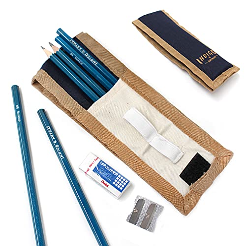 Artway Indigo Federmäppchen-Set – inkl. 6 Graphitstifte (HB-10B), Stifteetui, Pentel Radiergummi und Metallspitzer von ARTWAY