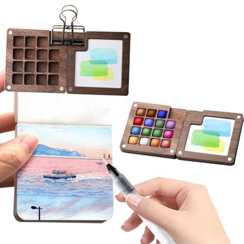 ARVALOLET Tragbares Mini-Aquarellpaletten-Set, Holzgitter-Farbkasten, Reise, Taschen-Künstler-Aquarell-Set mit Clip, Geschenk for Erwachsene, Anfänger, Maler, Künstler, Studenten von ARVALOLET