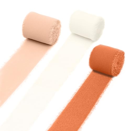 4cm x 15m Chiffonband, Schleifenband, Geschenkband Breit, Satinband, Stoff Chiffonband, Hochzeit Stoffband Fransenband für Geschenk Verpackung, Hochzeit Dekor, Urlaub Dekor (Rosa Beige Orange) von ARVOV