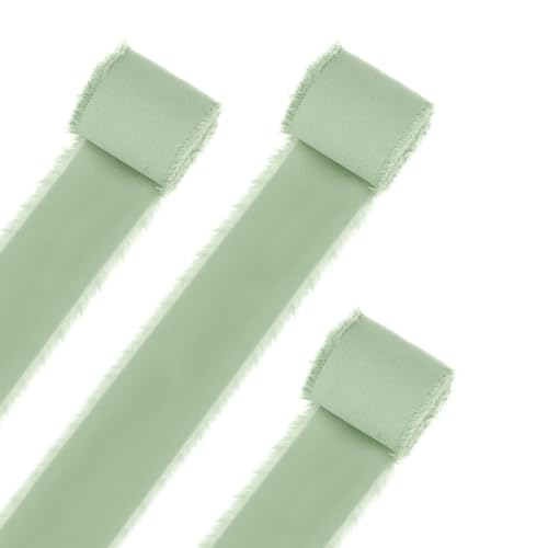 4cm x 15m Chiffonband, Schleifenband, Geschenkband Breit, Satinband, Stoff Chiffonband, Hochzeit Stoffband Fransenband für Geschenk Verpackung, Hochzeit Dekor, Urlaub Dekor (Salbeigrün) von ARVOV