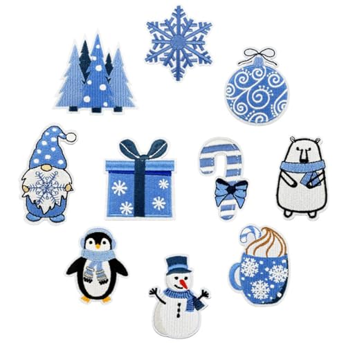 10 Stück Weihnachts-Bügelbilder, blaue Weihnachtsapplikationen, Schneeflocken, Schneemann, bestickte Flicken zum Aufnähen, Urlaubsflicken für Winter, DIY, Basteln, Zubehör für Kleidung, Hut von ASABITE