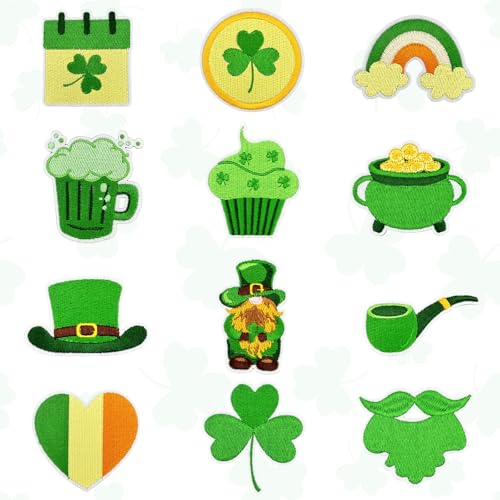 12 Stück St. Patrick's Day Aufnäher zum Aufbügeln, grün, bestickte Flicken für Frühling, kleine Bügelbilder, Irisches Kleeblatt, Applikation für Kleidung, Jacken, Jeans, Rucksack, Hüte, Dekoration von ASABITE