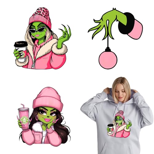 3 Bögen Weihnachten Bügelbilder Weihnachten DTF Transfers bereit zum Drücken Grün Rosa Monster Design Weihnachten Bügelbilder Xmas Heat Transfer Vinyl Aufkleber Winter Bügelbilder für Kleidung von ASABITE