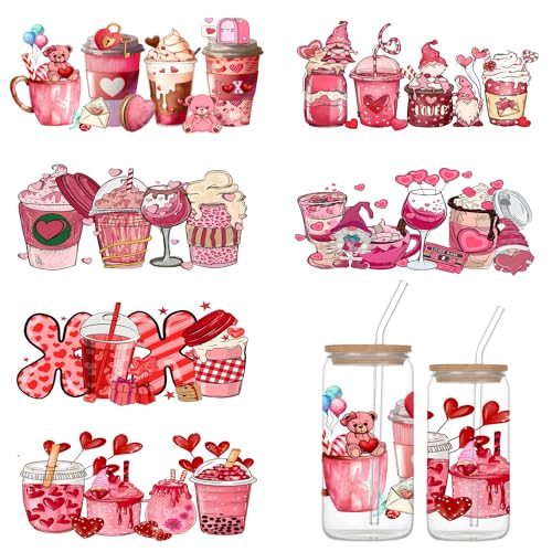 6 Blatt UV DTF Cup Wrap, Valentinstag UV DTF Cup Wrap Transfer für Glas, süßer UV DTF Transfer wasserdichter Aufkleber, Frühling Winter Rubb on Transfers, rosa Valentines DTF Wraps für Tumbles von ASABITE