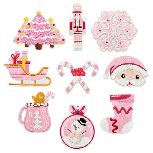 9 Stück Weihnachten Bügelbilder für Kleidung, Weihnachten bestickte Applikationen, Winter Xmas rosa Bügelflicken, niedlicher Cartoon Weihnachtsbaum Schneeflocke DIY Handwerk Geschenk für Kostüm von ASABITE