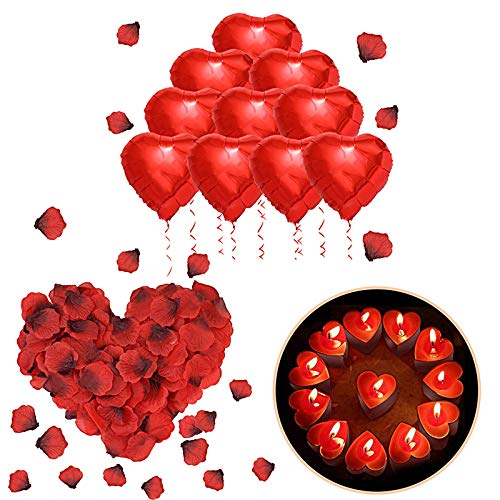 ASANMU Romantische Deko Set, Hochzeit Dekoration Set 1000 Rosenblätter Rosen, 50 Rot Teelichter, 10 Rot Folienballon Romantische Kerzen für Muttertag Verlobung Geburtstag Jahrestag Brautdusche von ASANMU