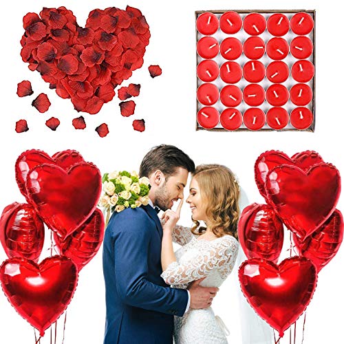 Romantische Kerzen Rote Teelichter und Rosenblätter Romantische Deko Set, Hochzeit Dekoration Set 1000 Rosenblätter Rosen,50 Rund Teelichter,Heiratsantrag/Verlobung/Geburtstag/Muttertag/Brautdusche von ASANMU