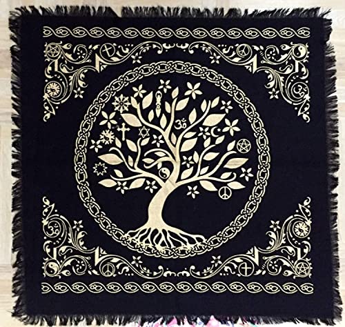 ASAV Tischdecke Serviette Tarot Altar Tuch 61 x 61 cm spirituelle Fransen Decktuch Heimdekoration Hexerei Supplies Hexerei quadratische Wandkunst Wandteppiche (60 x 60 cm, goldener Baum des Lebens) von ASAV