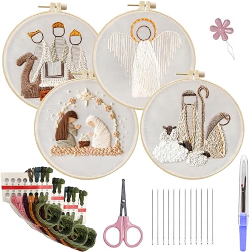 Weihnachten Stickerei Kit, Krippe Sticksets (4er Set), Stickset für Anfänger, Weihnachten Sticksets für Erwachsene, Weihnachten Kreuzstich Kits mit Anleitung & Zubehör von ASDFB