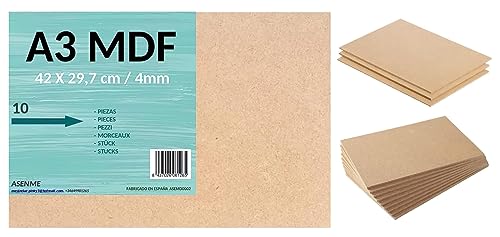 ASENME MDF 10 Stück MDF-Holzplatte 42 x 29,7 x 4 mm – A3-Format, Holzplatte, Holzplatten, Holz zum Basteln (42cm*29.7cm(A3) 10 Einheiten) von ASENME