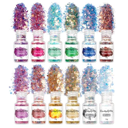 12 Farben holografische Pailletten 144 g Schillernde Glitzerflocken für Gesicht Pailletten für Gesicht, Körper, Augen, Nail Art und mehr Epoxidharz für Halloween Karneval Party 12 g/Flasche von ASFWAGQ