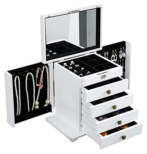 ASHSDI Schmuckaufbewahrung 5 Tier Große Kapazität Schmuckschatulle Organizer Mit Schloss Spiegel Holz Reise Schmuck Aufbewahrungsbehälter Behälter Für Frauen Schmuckschatulle Schmuckschrank(White) von ASHSDI