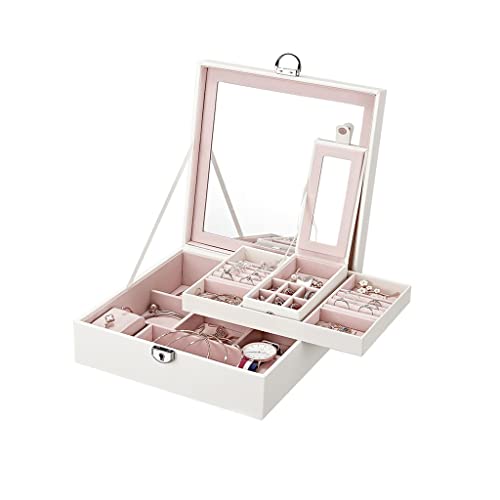 ASHSDI Schmuckaufbewahrung Kleine Schmuckschatulle 2 Schicht Leder Reise Schmuck Organizer Etui Mit Spiegel Tragbare Schmuckaufbewahrung Display Für Frauen Mädchen Schmuckschatulle Schmuckschrank(A) von ASHSDI