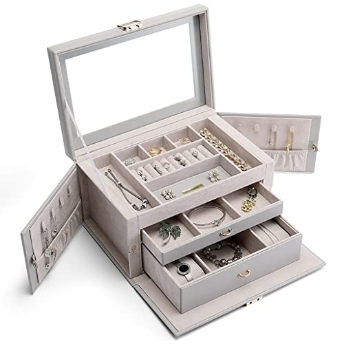 ASHSDI Schmuckaufbewahrung Schmuckschatulle, 3-Layer-Schmuck-Organizer mit 2 Schubladen, Schmuckkoffer Großes Leder Schmucklagerung for Halsketten Ringe Ohrringe Schmuckschatulle Schmuckschrank von ASHSDI