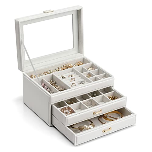 ASHSDI Schmuckaufbewahrung Schmuckschatulle 3 Schicht Schmuck Organizer mit 2 Schubladen Lederanzeige Schmuck Fall Mädchen Schmucklagerung for Ohrringe Geschenk Schmuckschatulle Schmuckschrank(A) von ASHSDI