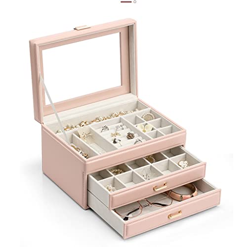 ASHSDI Schmuckaufbewahrung Schmuckschatulle 3 Schicht Schmuck Organizer mit 2 Schubladen Lederanzeige Schmuck Fall Mädchen Schmucklagerung for Ohrringe Geschenk Schmuckschatulle Schmuckschrank(B) von ASHSDI