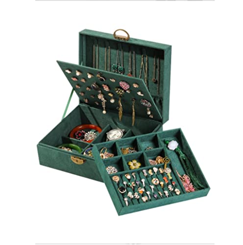 Schmuckaufbewahrung 2-lagige Dunkelgrüne Vintage-Schmuck-Organizer-Box Mit Schlüssel, Große Wildleder-Schmuck-Vitrine Für Frauen, Mädchen, Geschenk. Schmuckschatulle Schmuckschrank(18.5x11.5x27cm) von ASHSDI