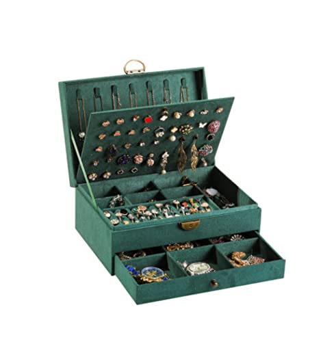 Schmuckaufbewahrung 2-lagige Dunkelgrüne Vintage-Schmuck-Organizer-Box Mit Schlüssel, Große Wildleder-Schmuck-Vitrine Für Frauen, Mädchen, Geschenk. Schmuckschatulle Schmuckschrank(23x18.5x9cm) von ASHSDI