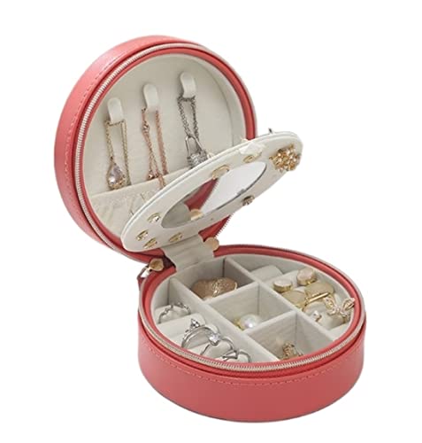 Schmuckaufbewahrung Kleine Reise Schmuckschatulle Runde Schmuck Aufbewahrungsbox PU Leder Organizer Display Aufbewahrungskoffer Für Ringe Ohrringe Halskette Schmuckschatulle Schmuckschrank(Rood) von ASHSDI