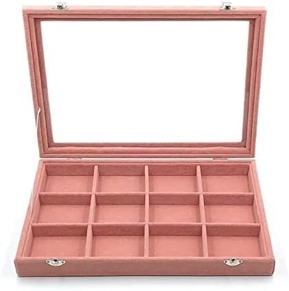 Schmuckaufbewahrung Samt-Schmuck-Aufbewahrungsbox Mit Glasabdeckung, Rosa Farbe, Ohrringe, Halskette, Armband, Ring, Ablage (35 * 24 * 5 cm) Schmuckschatulle Schmuckschrank(12 Slots) von ASHSDI