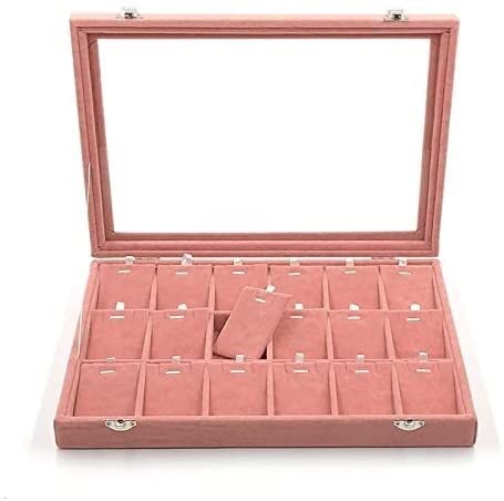 Schmuckaufbewahrung Samt-Schmuck-Aufbewahrungsbox Mit Glasabdeckung, Rosa Farbe, Ohrringe, Halskette, Armband, Ring, Ablage (35 * 24 * 5 cm) Schmuckschatulle Schmuckschrank(18 Slots Pendant) von ASHSDI