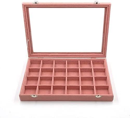 Schmuckaufbewahrung Samt-Schmuck-Aufbewahrungsbox Mit Glasabdeckung, Rosa Farbe, Ohrringe, Halskette, Armband, Ring, Ablage (35 * 24 * 5 cm) Schmuckschatulle Schmuckschrank(24 Slot) von ASHSDI