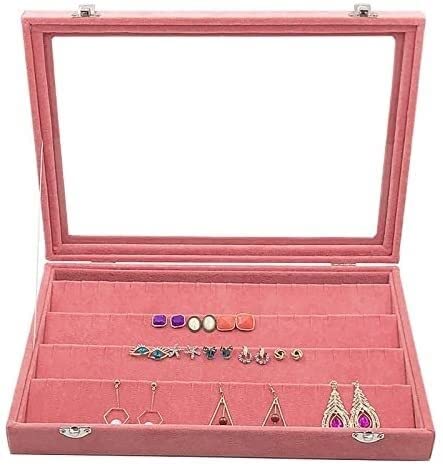 Schmuckaufbewahrung Samt-Schmuck-Aufbewahrungsbox Mit Glasabdeckung, Rosa Farbe, Ohrringe, Halskette, Armband, Ring, Ablage (35 * 24 * 5 cm) Schmuckschatulle Schmuckschrank(Eraaing Box) von ASHSDI