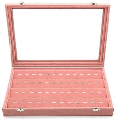 Schmuckaufbewahrung Samt-Schmuck-Aufbewahrungsbox Mit Glasabdeckung, Rosa Farbe, Ohrringe, Halskette, Armband, Ring, Ablage (35 * 24 * 5 cm) Schmuckschatulle Schmuckschrank(Pendant Box) von ASHSDI