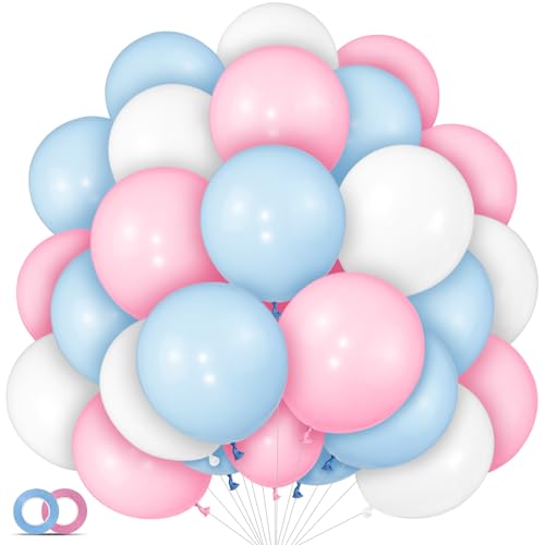 100 Stück rosa und blaue Luftballons, 30,5 cm, Pastellrosa, Blau, Weiß, Partyballons mit 19,8 m Band für Geschlecht offenbart, Babyparty, Geburtstag, Brautparty, Hochzeit, Party-Dekorationen von ASIYUHY