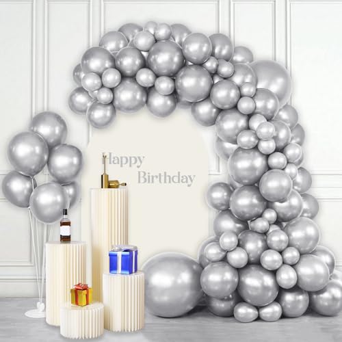 Metallic Silber Luftballons 102 Stück Silber Luftballons Bogen Girlande Kit 5/10/12/18 Zoll Chrom Silber Ballon Verschiedene Größen Pack für Geburtstag Hochzeit Babyparty Neujahr Party Dekorationen von ASIYUHY