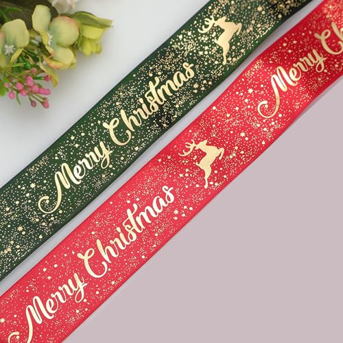 2 Rollen Geschenkband Rot + Grün, Schleifenband Weihnachten (20MM X 22.5M) Gold Elch Christmas Muster Weihnachtsband für Weihnachtsdekoration Geschenkverpackung von ASOENTIWOX