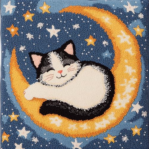 ASONGLINGO DIY Latch Cushion,Latch Hook Kits, Embroidery Rug Set, Handmade Crochet Cushion, Knüpfkissen Set für Erwachsene, 43x43cm(Mond und Katze) von ASONGLINGO