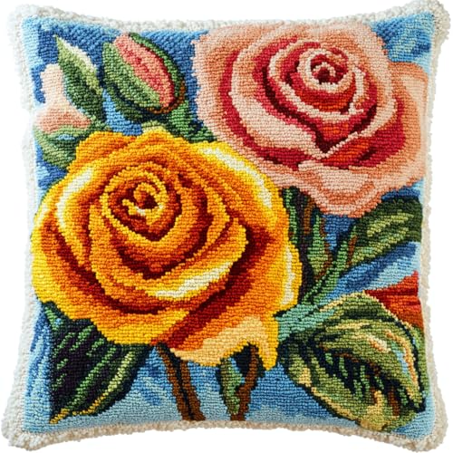 ASONGLINGO DIY Latch Cushion,Latch Hook Kits, Embroidery Rug Set, Handmade Crochet Cushion, Knüpfkissen Set für Erwachsene, 43x43cm(Schöne Rose Blume) von ASONGLINGO