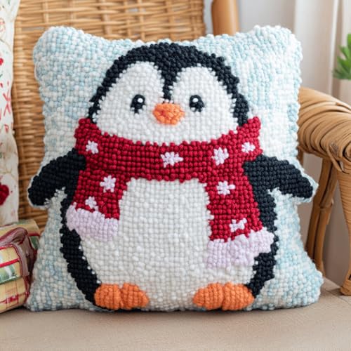 ASONGLINGO DIY Latch Cushion with Pre-Print Cross Stitch Sofa Cushion Cover Tool Teppich Knüpfen Set Erwachsene Kissen Knüpfen Set Kissenbezüge 43x43cm(Cartoon-Pinguin) von ASONGLINGO