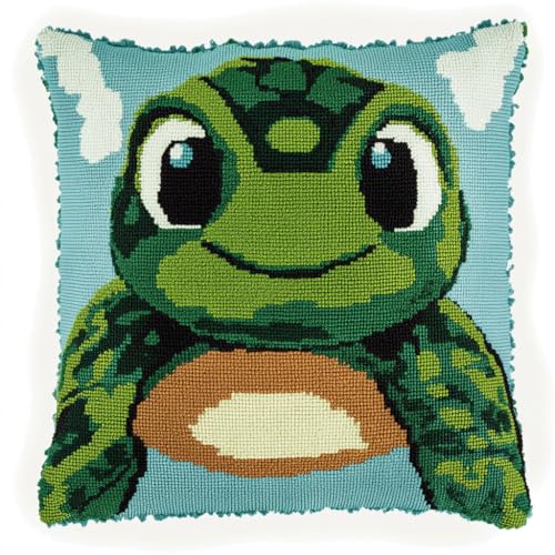 ASONGLINGO DIY Latch Cushion with Pre-Print Cross Stitch Sofa Cushion Cover Tool Teppich Knüpfen Set Erwachsene Kissen Knüpfen Set Kissenbezüge 43x43cm(Cartoon-Schildkröte) von ASONGLINGO