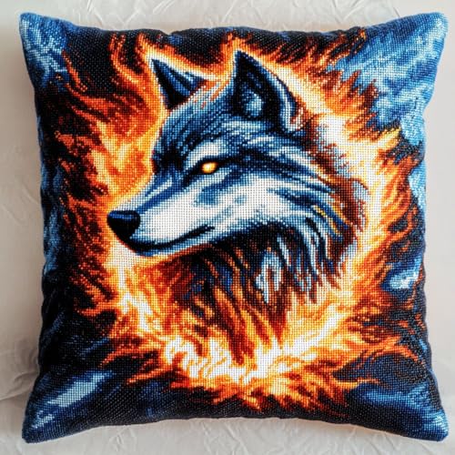 ASONGLINGO DIY Latch Cushion with Pre-Print Cross Stitch Sofa Cushion Cover Tool Teppich Knüpfen Set Erwachsene Kissen Knüpfen Set Kissenbezüge 43x43cm(Fantasy Wolf) von ASONGLINGO