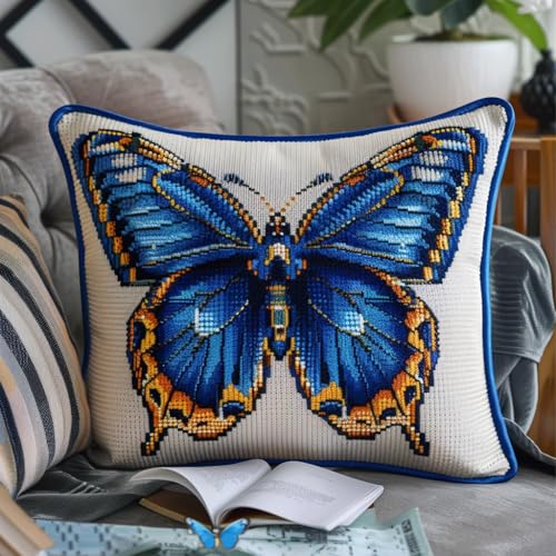 ASONGLINGO DIY Latch Cushion with Pre-Print Cross Stitch Sofa Cushion Cover Tool Teppich Knüpfen Set Erwachsene Kissen Knüpfen Set Kissenbezüge 43x43cm(blauer Schmetterling) von ASONGLINGO