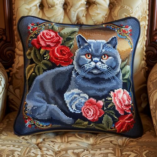 ASONGLINGO DIY Latch Hook Cushion Kit Latch Hook Set Sofa Cushion Cover, Stickset Erwachsene 43x43cm(Blumen und Katzen) von ASONGLINGO