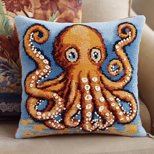 ASONGLINGO DIY Latch Hook Cushion Kit Latch Hook Set Sofa Cushion Cover, Stickset Erwachsene 43x43cm(Cartoon-Oktopus) von ASONGLINGO