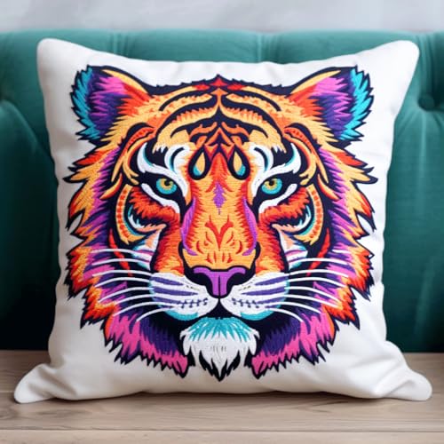 ASONGLINGO DIY Latch Hook Cushion Kit Latch Hook Set Sofa Cushion Cover, Stickset Erwachsene 43x43cm(Cartoon-Tiger) von ASONGLINGO