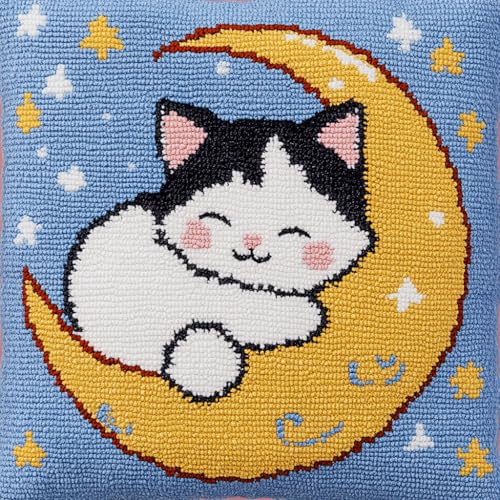 ASONGLINGO DIY Latch Hook Cushion Kit Latch Hook Set Sofa Cushion Cover, Stickset Erwachsene 43x43cm(Mond und Katze) von ASONGLINGO