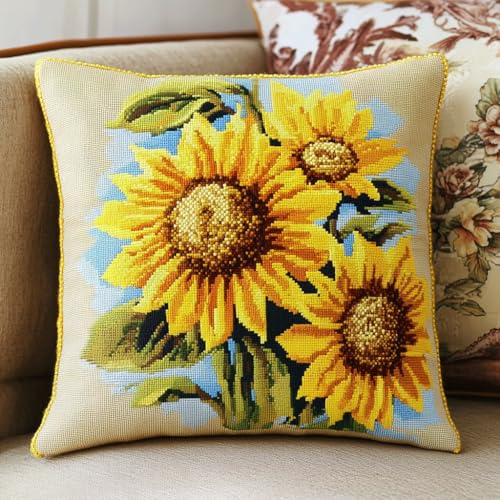 ASONGLINGO DIY Latch Hook Cushion Kit Latch Hook Set Sofa Cushion Cover, Stickset Erwachsene 43x43cm(Sonnenblume) von ASONGLINGO