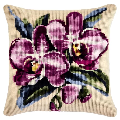 ASONGLINGO Knotting Cushion Set, Latch Cushion Kit for Beginners, DIY Latch Hook Set, Knüpfkissen Kits 43 x 43 cm(Lila Orchideenblüten) von ASONGLINGO