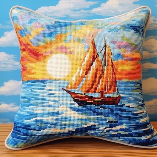 ASONGLINGO Knotting Cushion Set, Latch Cushion Kit for Beginners, DIY Latch Hook Set, Knüpfkissen Kits 43 x 43 cm(Segelboot auf dem Meer) von ASONGLINGO