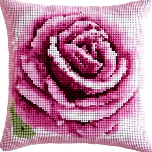 ASONGLINGO Knüpfkissen Set Latch Hook Kissen Kit Knüpfteppich Knüpfpackung Set, Sofakissenbezug,DIY Kissen Knüpfset Mit Anleitung 43X43cm(Rosa Blüten) von ASONGLINGO