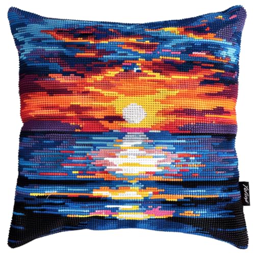 ASONGLINGO Knüpfkissen Set Latch Hook Kissen Kit Knüpfteppich Knüpfpackung Set, Sofakissenbezug,DIY Kissen Knüpfset Mit Anleitung 43X43cm(Sonnenuntergang Landschaft am Meer) von ASONGLINGO