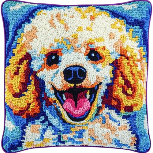 ASONGLINGO Latch Cushion Kits, Handmade Cross Stitch Latch Hook Cushion Cover Rug Sets with Pre-Printed Color Pattern Canvas Crochet Yarn Set 43x43cm(Tier Hund) von ASONGLINGO