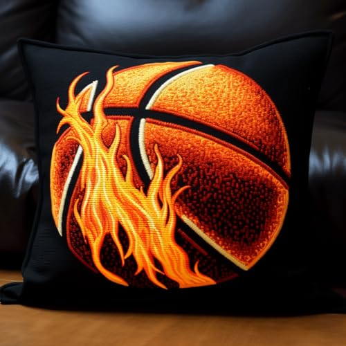 ASONGLINGO Latch Cushion Set, Kreuzstich Knüpfkissen Zum Selber knüpfen Kissen Kits,Knüpfen DIY Dekokissen, Stickerei Knüpf-Sets 43 cm x 43 cm(Feuer und Basketball) von ASONGLINGO