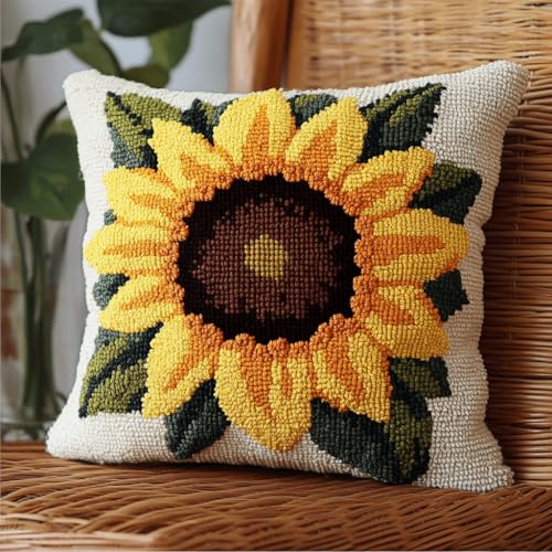 ASONGLINGO Latch Cushion Set, Kreuzstich Knüpfkissen Zum Selber knüpfen Kissen Kits,Knüpfen DIY Dekokissen, Stickerei Knüpf-Sets 43 cm x 43 cm(Sonnenblume) von ASONGLINGO